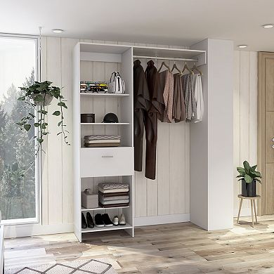 Dynamic 150 Closet System, Five Open Shelves, One Drawer, One Metal Rod, White