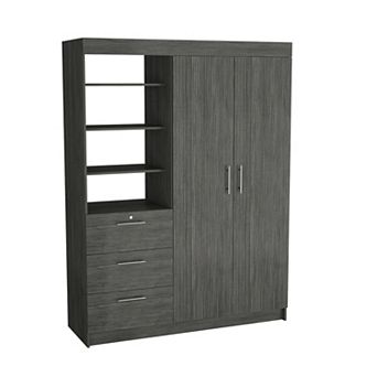 Laurel 3 tier Shelf and Drawers Armoire with Metal Handles, Smokey Oak