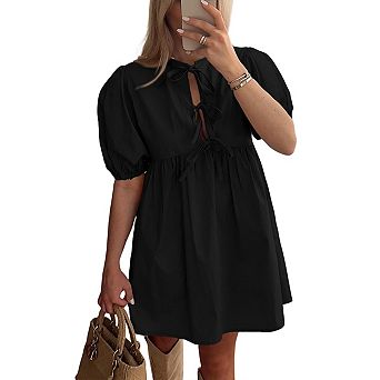 Women's Short Sleeve Tie Front Mini Dress Cute Babydoll Ruffle Pleated A Line Tunic Dresses