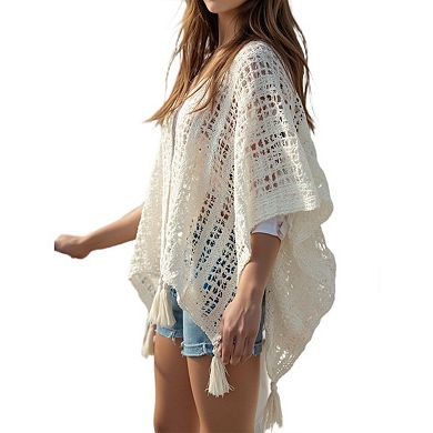 Women Crochet Knit Shawl Cape Boho Hollow Mesh Poncho Wrap Cardigan Lightweight Openwork Cover Up