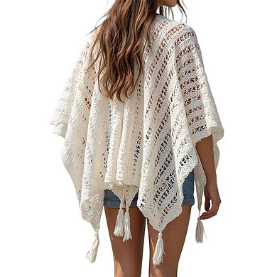 Women Crochet Knit Shawl Cape Boho Hollow Mesh Poncho Wrap Cardigan Lightweight Openwork Cover Up