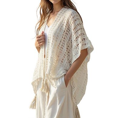Women Crochet Knit Shawl Cape Boho Hollow Mesh Poncho Wrap Cardigan Lightweight Openwork Cover Up