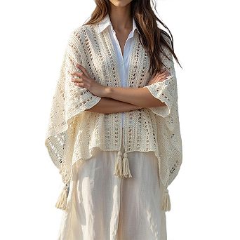 Women Crochet Knit Shawl Cape Boho Hollow Mesh Poncho Wrap Cardigan Lightweight Openwork Cover Up