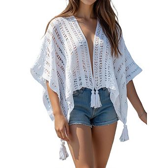 Women Crochet Knit Shawl Cape Boho Hollow Mesh Poncho Wrap Cardigan Lightweight Openwork Cover Up