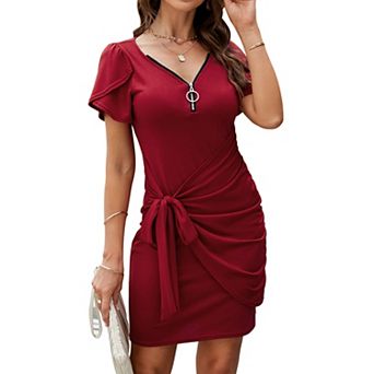 Women's Short Sleeve Mini Wrap Dress Summer Quarter Zip V-neck Ruched Tie Waist T-shirt Dress