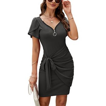 Women's Short Sleeve Mini Wrap Dress Summer Quarter Zip V-neck Ruched Tie Waist T-shirt Dress