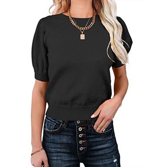 Women's Puff Short Sleeve Sweater Tops Summer Fall Trendy Knit Crew Neck Casual T Shirts Blouses