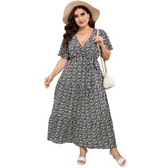 Women Plus Size V Neck Ruffle Maxi Dress Summer Short Sleeves High Waist Wrap Dress with Belt