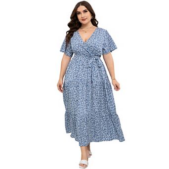 Women Plus Size V Neck Ruffle Maxi Dress Summer Short Sleeves High Waist Wrap Dress with Belt