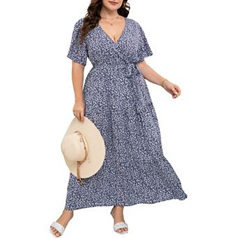 Women Plus Size V Neck Ruffle Maxi Dress Summer Short Sleeves High Waist Wrap Dress with Belt