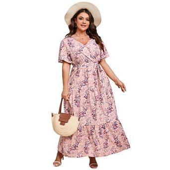 Women Plus Size V Neck Ruffle Maxi Dress Summer Short Sleeves High Waist Wrap Dress with Belt