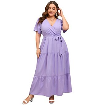 Women Plus Size V Neck Ruffle Maxi Dress Summer Short Sleeves High Waist Wrap Dress with Belt
