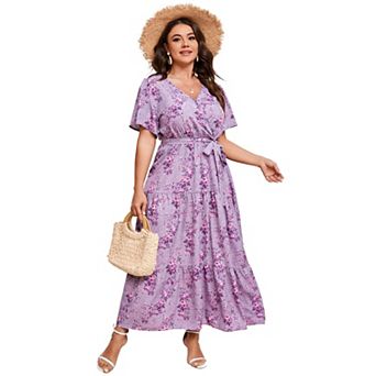Women Plus Size V Neck Ruffle Maxi Dress Summer Short Sleeves High Waist Wrap Dress with Belt