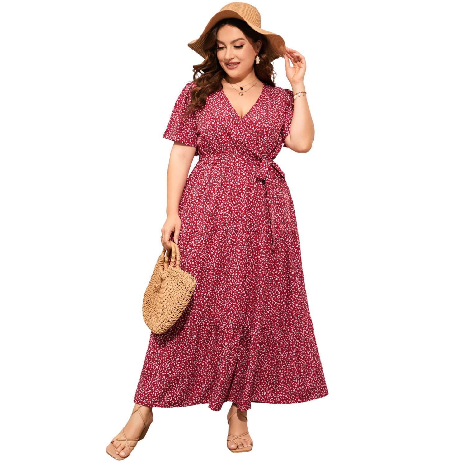 Женские платья Women Plus Size V Neck Ruffle Maxi Dress Summer Short Sleeves High Waist Wrap Dress with Belt