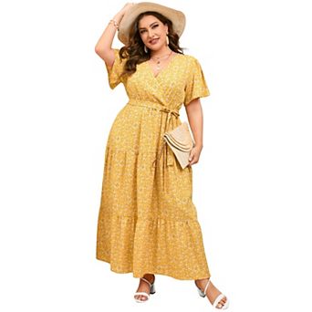 Women Plus Size V Neck Ruffle Maxi Dress Summer Short Sleeves High Waist Wrap Dress with Belt