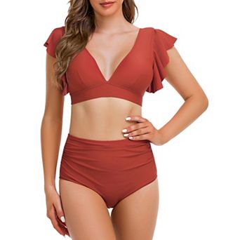Women's Bikini Sets Summer Bathing Suit Flutter Sleeves Top and High Rise Bottom Two Piece Swimsuit