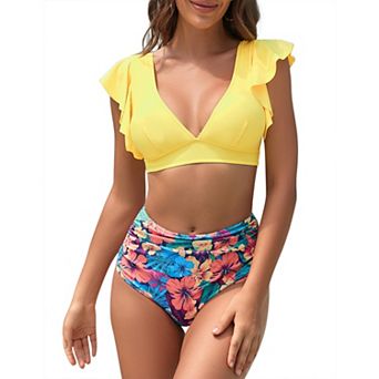 Women's Bikini Sets Summer Bathing Suit Flutter Sleeves Top and High Rise Bottom Two Piece Swimsuit