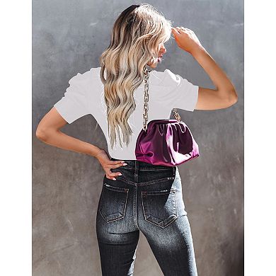 Women's Puff Sleeve Ribbed Top V-neck Short Sleeve Shirt Spring Summer Solid Color Slim Blouse