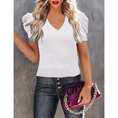 Women's Puff Sleeve Ribbed Top V-neck Short Sleeve Shirt Spring Summer Solid Color Slim Blouse