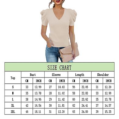 Women's Puff Sleeve Ribbed Top V-neck Short Sleeve Shirt Spring Summer Solid Color Slim Blouse
