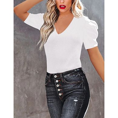 Women's Puff Sleeve Ribbed Top V-neck Short Sleeve Shirt Spring Summer Solid Color Slim Blouse