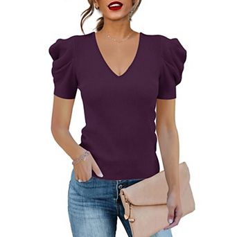 Women's Puff Sleeve Ribbed Top V-neck Short Sleeve Shirt Spring Summer Solid Color Slim Blouse