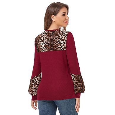Women's Leopard Contrast Tunic Ribbed Top Spring Fall Color Block Crewneck Raglan Long Shirt