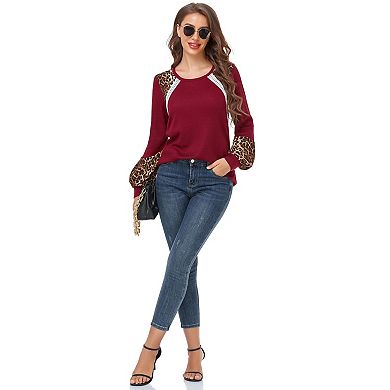 Women's Leopard Contrast Tunic Ribbed Top Spring Fall Color Block Crewneck Raglan Long Shirt