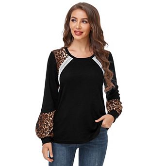 Women's Leopard Contrast Tunic Ribbed Top Spring Fall Color Block Crewneck Raglan Long Shirt