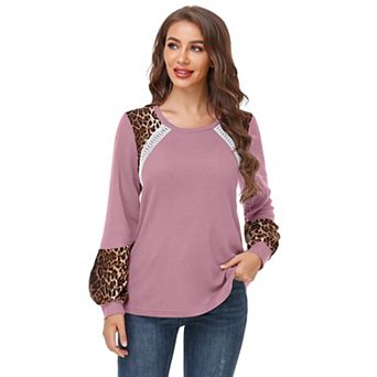 Women's Leopard Contrast Tunic Ribbed Top Spring Fall Color Block Crewneck Raglan Long Shirt