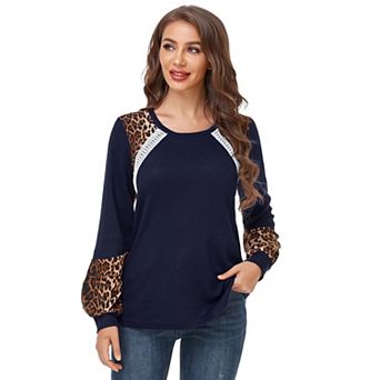 Women's Leopard Contrast Tunic Ribbed Top Spring Fall Color Block Crewneck Raglan Long Shirt