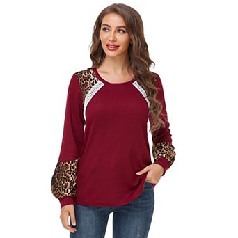 Women's Leopard Contrast Tunic Ribbed Top Spring Fall Color Block Crewneck Raglan Long Shirt