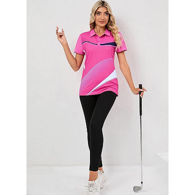 Women's Geometric Pattern Polo Shirt Short Sleeve Golf Shirt with 3 Button Stretch Tennis Top