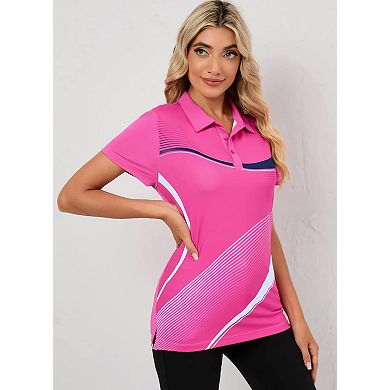 Women's Geometric Pattern Polo Shirt Short Sleeve Golf Shirt with 3 Button Stretch Tennis Top