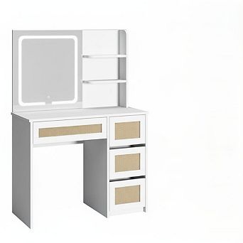 Rattan Vanity with Mirror,Makeup Vanity Desk with Adjustable LED Light,with 4 Drawers