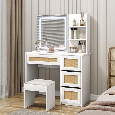 Rattan Vanity with Mirror,Makeup Vanity Desk with Adjustable LED Light,with 4 Drawers
