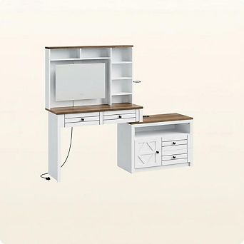 Vanity Desk with Glass Top & Touch Screen LED Mirror - with 5 Drawers, 6 Open Shelves
