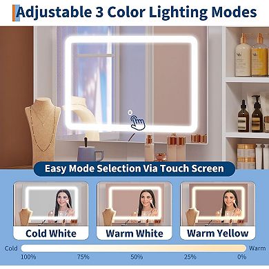 Vanity Desk with Glass Top & Touch Screen LED Mirror - with 5 Drawers, 6 Open Shelves