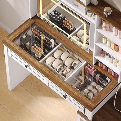 Vanity Desk with Glass Top & Touch Screen LED Mirror - with 5 Drawers, 6 Open Shelves