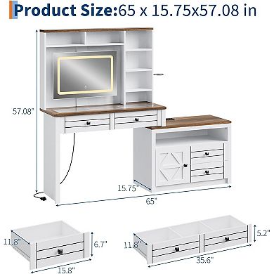 Vanity Desk with Glass Top & Touch Screen LED Mirror - with 5 Drawers, 6 Open Shelves