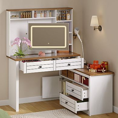 Vanity Desk with Glass Top & Touch Screen LED Mirror - with 5 Drawers, 6 Open Shelves
