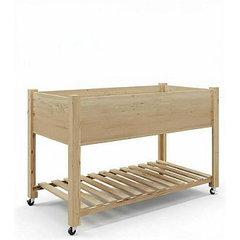 Wooden Raised Garden Bed, Planter Box with Legs & Lockable Wheels, with Bed Liner & Bottom Storage