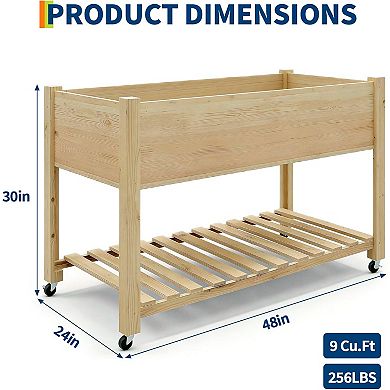 Wooden Raised Garden Bed, Planter Box with Legs & Lockable Wheels, with Bed Liner & Bottom Storage