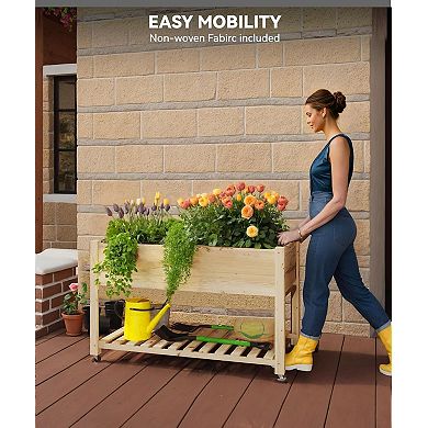Wooden Raised Garden Bed, Planter Box with Legs & Lockable Wheels, with Bed Liner & Bottom Storage