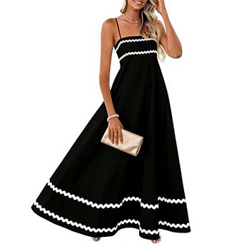 Women's Spaghetti Strap Square Neck Maxi Dress with Pockets - Flowy Trim Casual Summer Dress