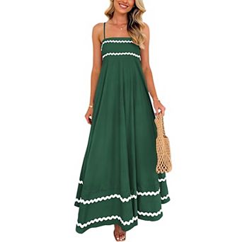 Women's Spaghetti Strap Square Neck Maxi Dress with Pockets - Flowy Trim Casual Summer Dress