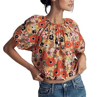 Women's Floral Print Puff Sleeve Blouse Open Back Tie Neck Cropped Top for Summer Casual Wear
