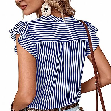 Women's Flutter Sleeve Striped Top, Split Neck Casual Summer Blouse for Everyday Wear