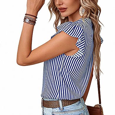 Women's Flutter Sleeve Striped Top, Split Neck Casual Summer Blouse for Everyday Wear