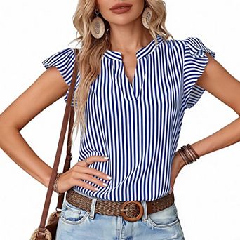 Women's Flutter Sleeve Striped Top, Split Neck Casual Summer Blouse for Everyday Wear